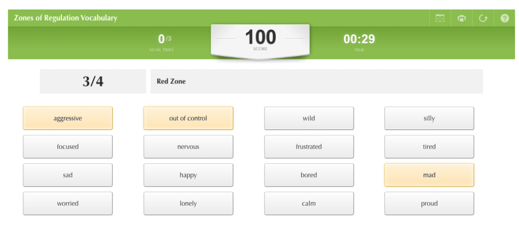 Matching categories of zones of regulation using Educaplay.