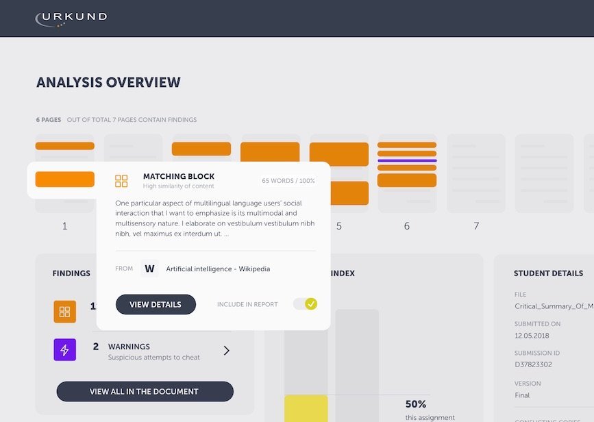 Urkund's analysis overview for plagiarism prevention