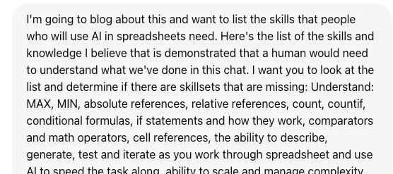 A copy of the chat where I asked AI to make a list of skills used in the chat that I need to teach my students about spreadsheets.